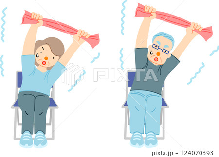 椅子に座ってタオルできつそうに簡単体操をするシニア夫婦イラスト 124070393