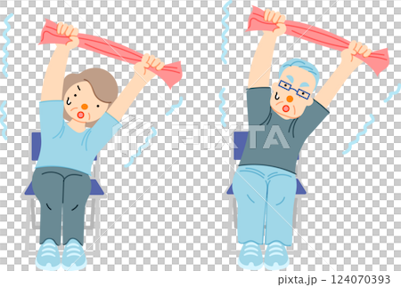 椅子に座ってタオルできつそうに簡単体操をするシニア夫婦イラスト 124070393