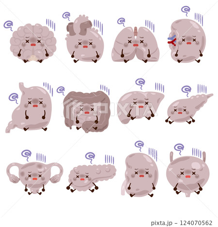 不健康で元気がない内臓のキャラクターイラストセット 不健康で元気がない内臓のキャラクターイラストセット 124070562