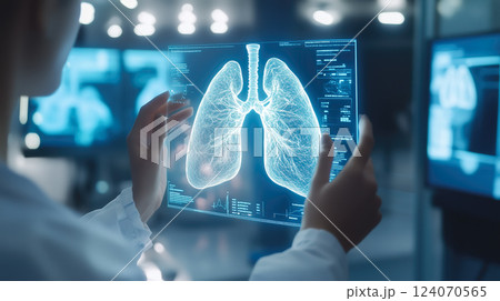 A doctor carefully examines a virtual lung x-ray projection with focused attention. The integration of advanced technology in medical diagnostics. Generative AI. 124070565