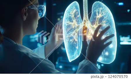 A doctor carefully examines a virtual lung x-ray projection with focused attention. The integration of advanced technology in medical diagnostics. Generative AI. A doctor carefully examines a virtual lung x-ray projection with focused attention. The integration of advanced technology in medical diagnostics. Generative AI. 124070570