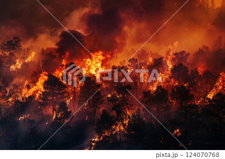 Wildfire with burning trees in forest at night 124070768