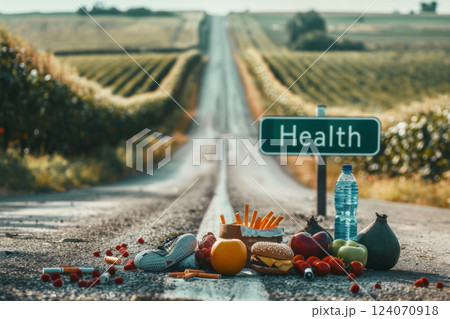 Healthy Lifestyle Choice Concept with Road Sign and Food Contrast 124070918