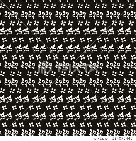 Simple minimalist floral pattern. Minimal seamless texture with small flower shapes. Abstract black and white geometric background. For print, package 124071440