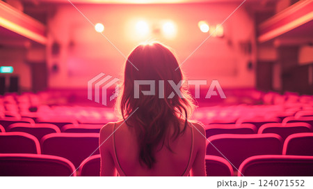 Woman in a theater watching a performance under warm stage lights 124071552