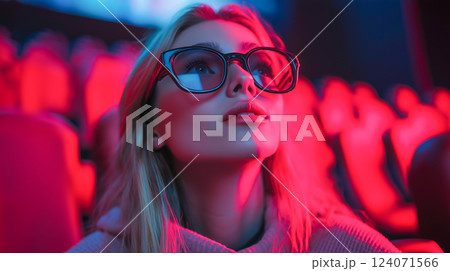 Young woman enjoys a captivating cinematic experience in a modern cinema with vibrant lighting effects 124071566