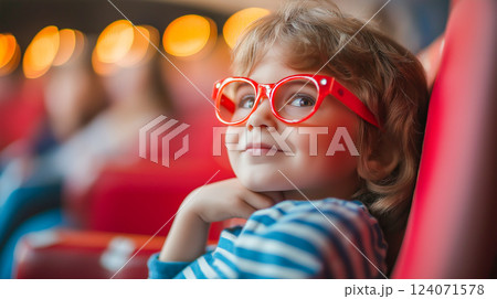 Excited child with red glasses enjoying a colorful show in a theater filled with soft lights at a weekend matinee 124071578