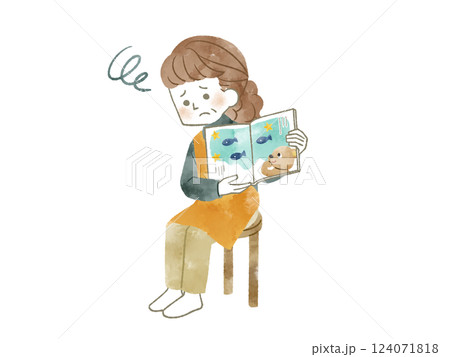 絵本の読み聞かせで困っている女性-水彩 絵本の読み聞かせで困っている女性-水彩 124071818
