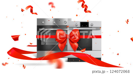 Oven tied with red ribbon bow Oven tied with red ribbon bow 124072068