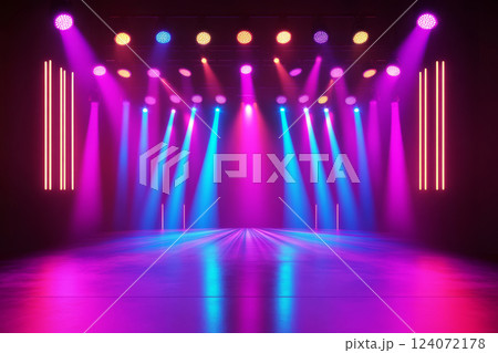 Empty stage with colorful spotlights and vibrant lighting 124072178