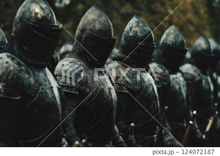 Medieval Knights in Full Armor Standing in Formation 124072187