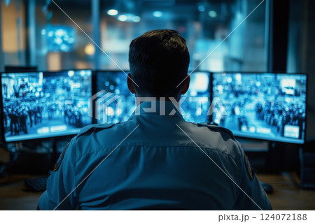 Security officer monitoring multiple surveillance screens in control room Security officer monitoring multiple surveillance screens in control room 124072188