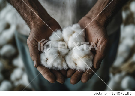 Black farmer holding freshly harvested cotton bolls in hands 124072190