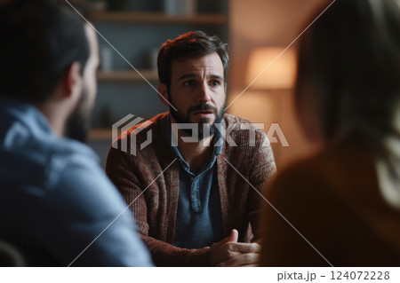 Woman listening to psychologist during therapy session with husband 124072228