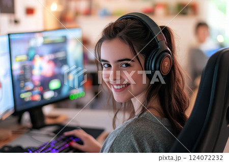 Young woman wearing headphones smiling while gaming on pc at home 124072232