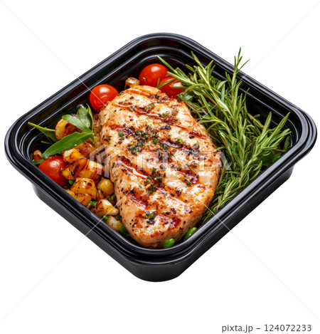 Plastic container with grilled chicken breast and vegetables. Healthy meal 124072233