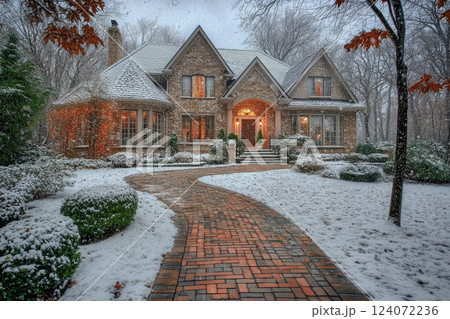 House with brick pathway at winter season 124072236