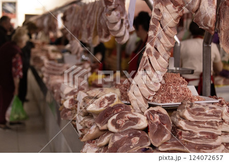 pork selling in Osh Bazaar. even Kyrgyzstan is a Islamic country, there are 10% non-islamic population here such as Christianity pork selling in Osh Bazaar. even Kyrgyzstan is a Islamic country, there are 10% non-islamic population here such as Christianity 124072657