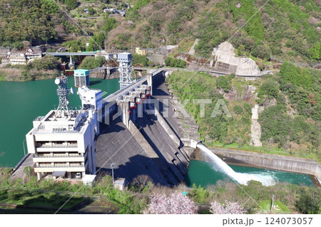 【高知県】晴天の大渡ダムと満開の桜 【高知県】晴天の大渡ダムと満開の桜 124073057