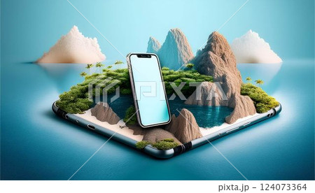 フレーム　スマートフォン　スマホ　テクノロジー　トラベル　モックアップ　イメージ　背景 124073364