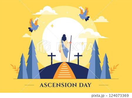 Ascension Day Vector Illustration Featuring the Assumption of Mary in Christian Tradition with the Feast of the Blessed Virgin and Doves in Heaven 124073369