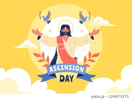 Ascension Day Vector Illustration Featuring the Assumption of Mary in Christian Tradition with the Feast of the Blessed Virgin and Doves in Heaven 124073373