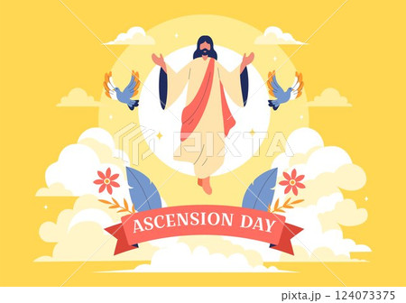 Ascension Day Vector Illustration Featuring the Assumption of Mary in Christian Tradition with the Feast of the Blessed Virgin and Doves in Heaven 124073375