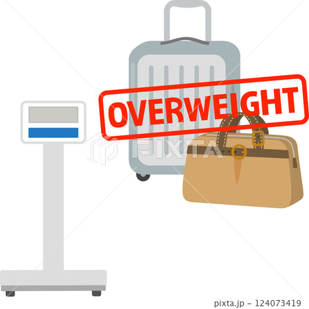スーツケースと荷物はかりとOVERWEIGHTの文字 スーツケースと荷物はかりとOVERWEIGHTの文字 124073419