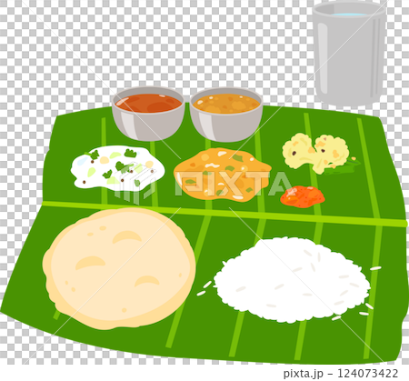 Meals served on banana leaves Meals served on banana leaves 124073422