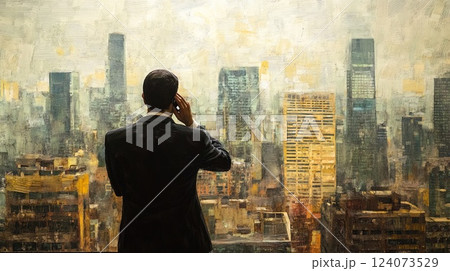 A businessman standing in front of a cityscape window, making a call, with a soft blurred background of skyscrapers pic 124073529