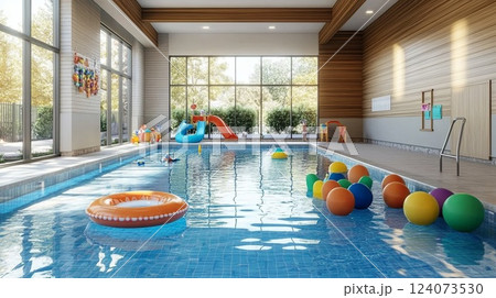 A family-friendly swimming pool with floaties and children toys around pic 124073530