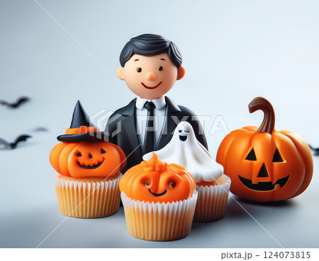 Halloween muffins with decorations in the form of ghosts, pumpkins and witch hats. AI Generated. 124073815