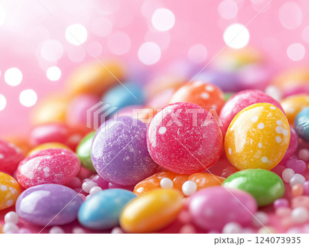 Colorful lollipops and different colored round candy. candy colorful background. AI Generated. 124073935