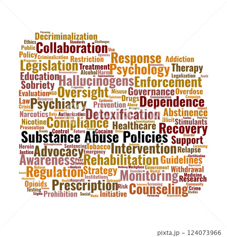 Substance Abuse Policies Word Cloud. Key Terms in Addiction Control and Regulation Substance Abuse Policies Word Cloud. Key Terms in Addiction Control and Regulation 124073966