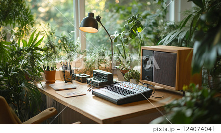 Items for recording podcast in cozy home studio. AI Generated. 124074041