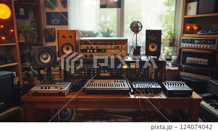 Retro podcast studio featuring a vintage microphone. AI Generated. 124074042