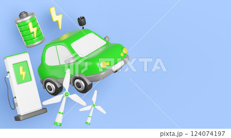 3d renewable green energy industry banner. Sustainable development concept with windmill turbines, electric car, ev charging station and battery. Environment protection, conservation. 3D illustration 3d renewable green energy industry banner. Sustainable development concept with windmill turbines, electric car, ev charging station and battery. Environment protection, conservation. 3D illustration 124074197