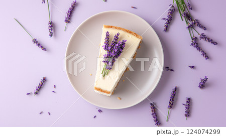 A Slice of Cream Colored Cheesecake with Lavender A Slice of Cream Colored Cheesecake with Lavender 124074299
