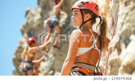 Young climber smiles while her group tackles a challenging rock face in the mountains Young climber smiles while her group tackles a challenging rock face in the mountains 124074368