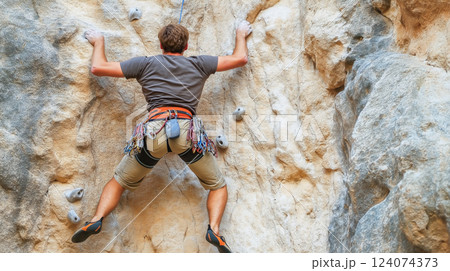 Rock climber scaling a steep outdoor climbing wall in a natural setting 124074373