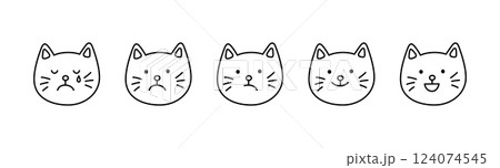 Cute doodle cat face icon set. Smile, sad and cry cat. Kitty kawaii emoji. Hand drawn animal emoticon. Expression kitty head. Good and bad mood. Vector illustration isolated on white background Cute doodle cat face icon set. Smile, sad and cry cat. Kitty kawaii emoji. Hand drawn animal emoticon. Expression kitty head. Good and bad mood. Vector illustration isolated on white background 124074545