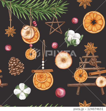 Seamless retro pattern with oranges, cones, cinnamon, spruce twigs, toys. Christmas Sustainable xmas. Organic winter decorations, recyclable material for parties, holidays. Hand drawing, background Seamless retro pattern with oranges, cones, cinnamon, spruce twigs, toys. Christmas Sustainable xmas. Organic winter decorations, recyclable material for parties, holidays. Hand drawing, background 124074631