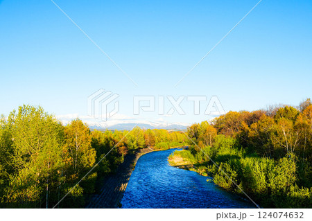 初夏の北海道美瑛町の美瑛川と大雪山系の山々 124074632