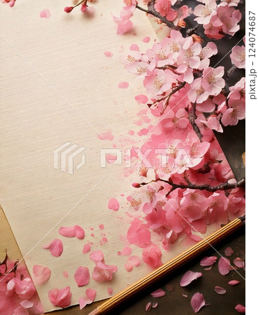 和紙の上に桜の花を飾りつけした写真 124074687