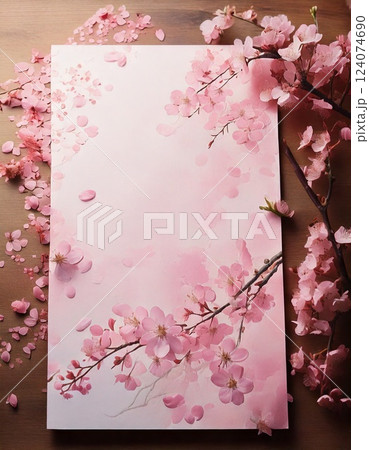 和紙の上に桜の花を飾りつけした写真 和紙の上に桜の花を飾りつけした写真 124074690