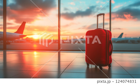 Red suitcase standing alone at the airport during a vibrant sunset with planes parked in the background 124074831