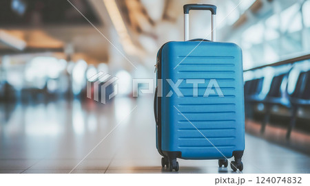 Blue suitcase waiting at the airport terminal during early morning travel rush 124074832