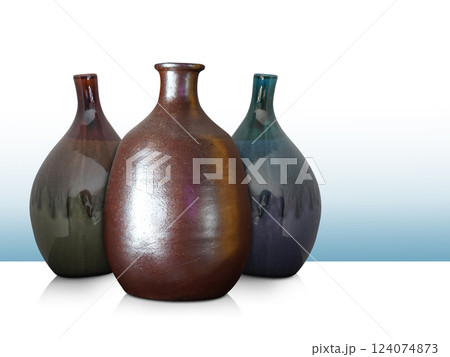 antique and old three pottery vases on white floor, gradient white and blue background, object, decor, fashion, ancient, copy space antique and old three pottery vases on white floor, gradient white and blue background, object, decor, fashion, ancient, copy space 124074873