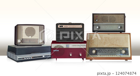 antique and old six rectangular loudspeakers stack on white floor, gradient brown and white background, technology, object, fashion, modern, decoration, copy space 124074874
