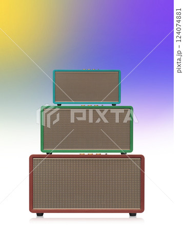 antique three rectangular loudspeakers stack on white floor, gradient yellow and purple background, technology, object, fashion, modern, decoration, copy space antique three rectangular loudspeakers stack on white floor, gradient yellow and purple background, technology, object, fashion, modern, decoration, copy space 124074881